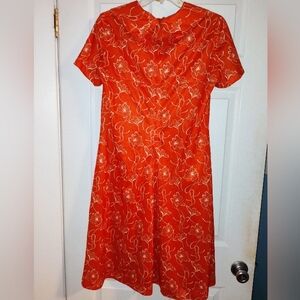 Orange A-Line Midi Dress with Cowl Neck